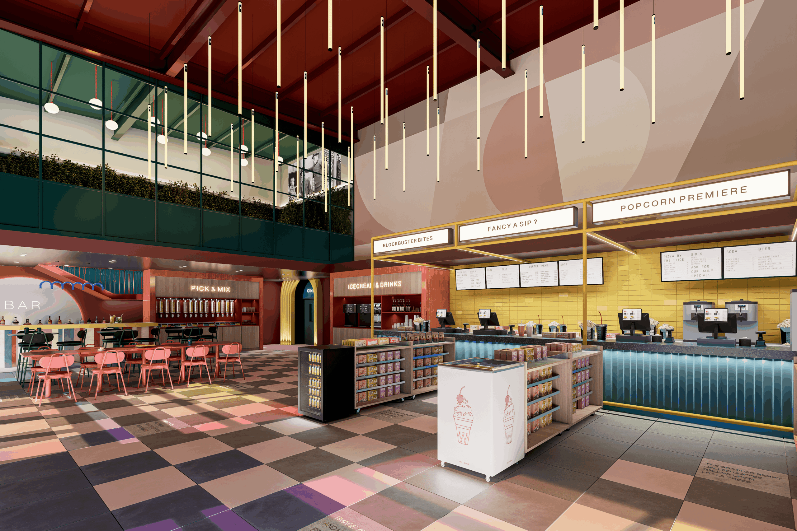 Photo of the Bishop Auckland foyer with brightly-coloured decor, tills, and many thin lights hanging from the high ceiling.