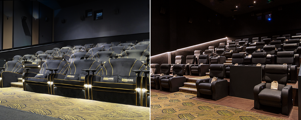 Plush art deco sofas in the REEL Lounge
